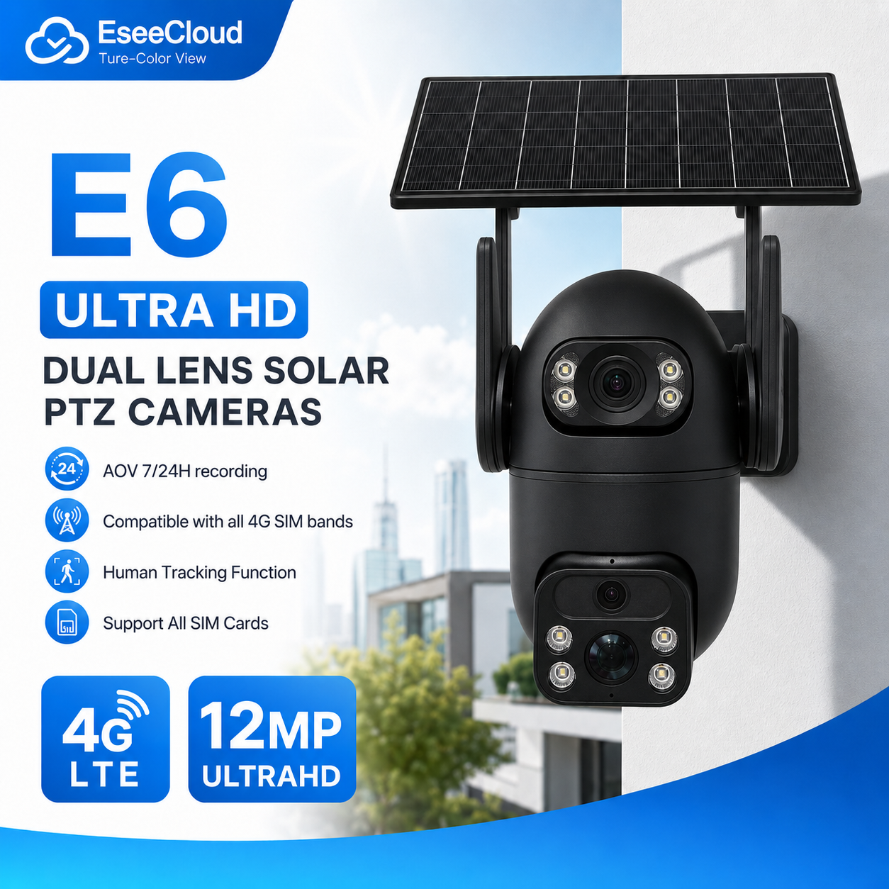 E6 dual-lens EseeCloud solar camera feature poster