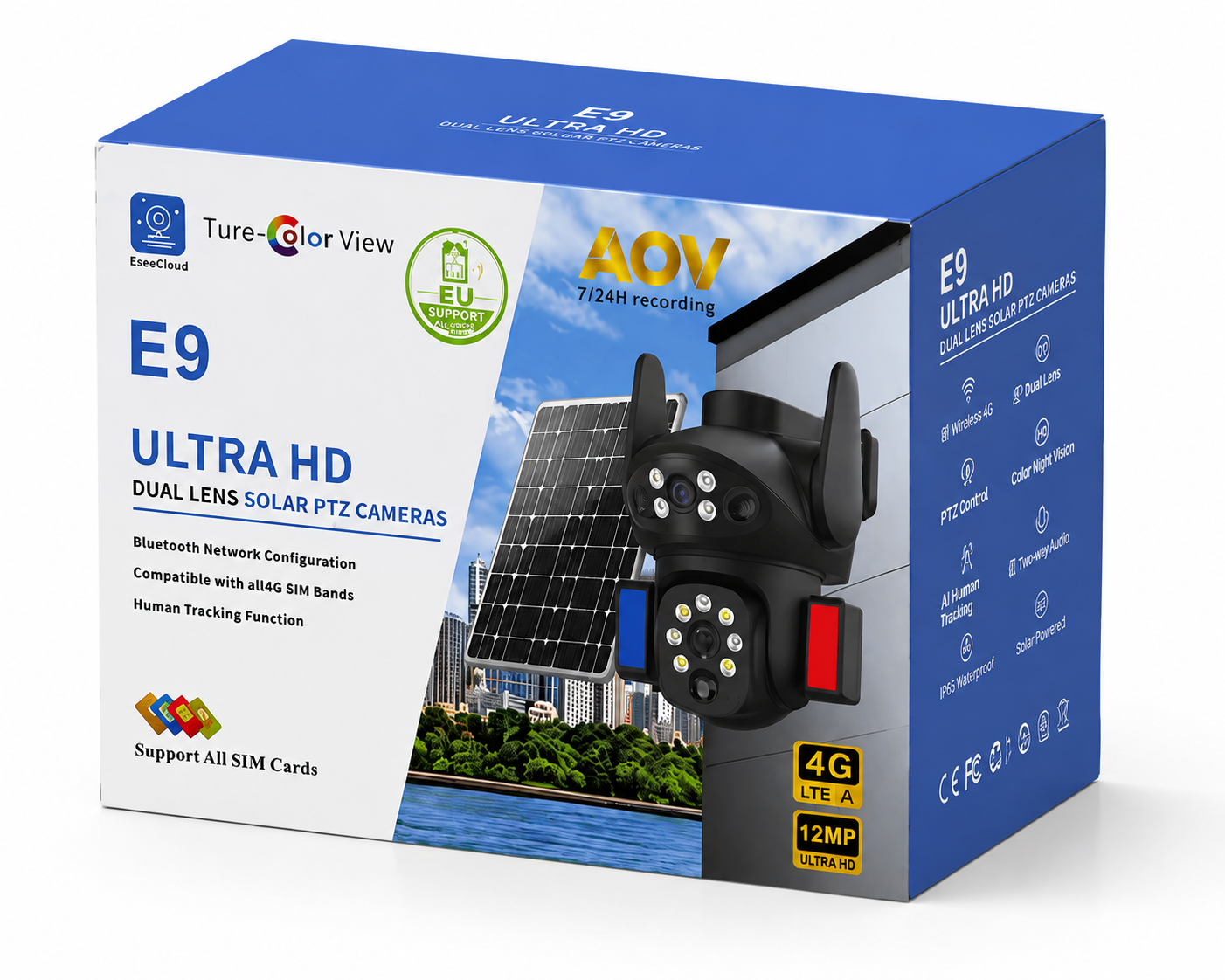 E9 EseeCloud dual-lens solar PTZ camera retail package